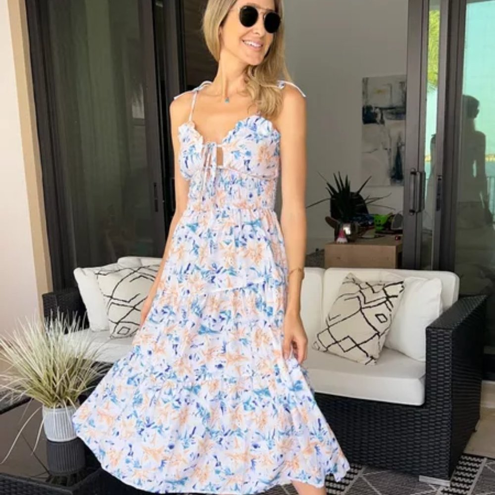 Goodnight Macaroon - Floral Shoulder Tie Midi Dress